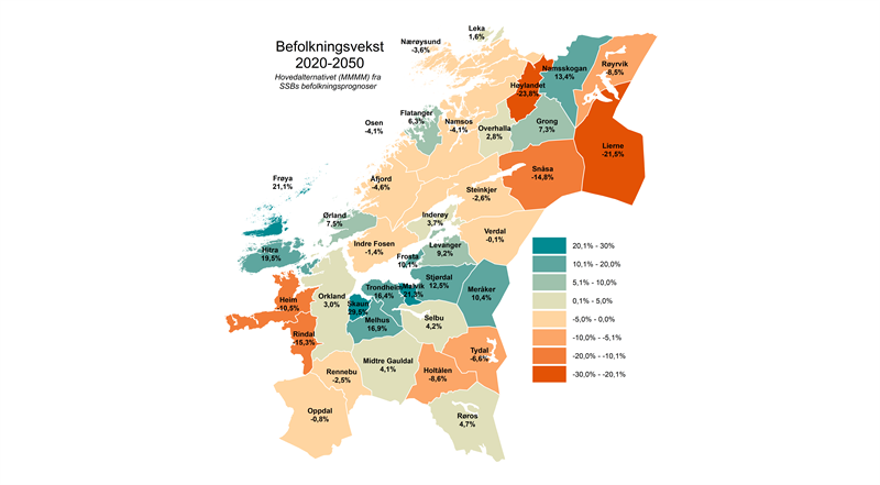 Befolkningsvekst 2020-2050. Hovedalternativ (MMMM) fra SSBs befolkningsprognoser