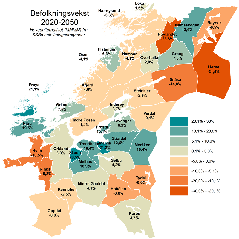 Befolkningsvekst 2020-2050. Hovedalternativ (MMMM) fra SSBs befolkningsprognoser