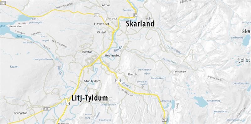 Kart som viser hvor den nye sykkelvegen mellom Litj-Tyldum og Skarland på Høylandet skal gå