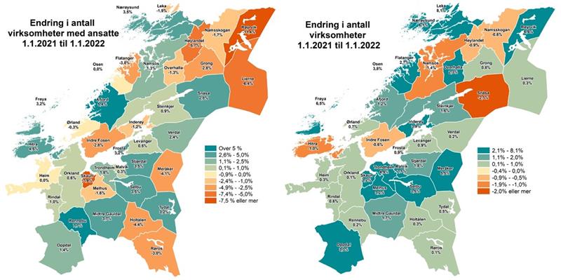 Grafikk av antall virksomheter med ansatte fra 1 januar 2021 til 1. januar 2022.