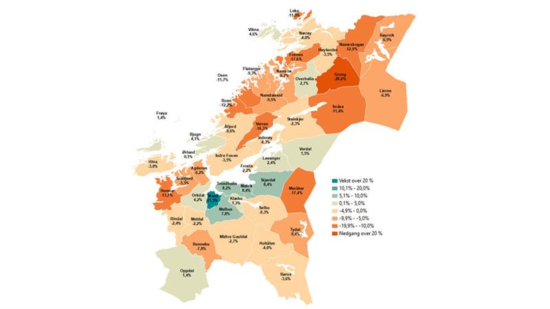 Befolkningsvekst i Trøndelag uten inn- og utvandring 2010-2019 (Illustrasjon: Trøndelag fylkeskommune)