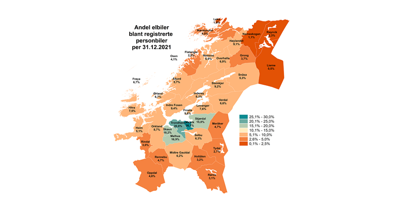 Andel elbiler blant registeret personbiler per 31.12.2021