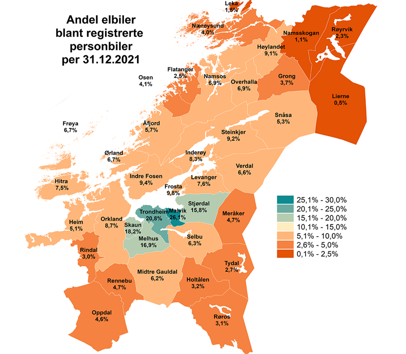 Andel elbiler blant registeret personbiler per 31.12.2021