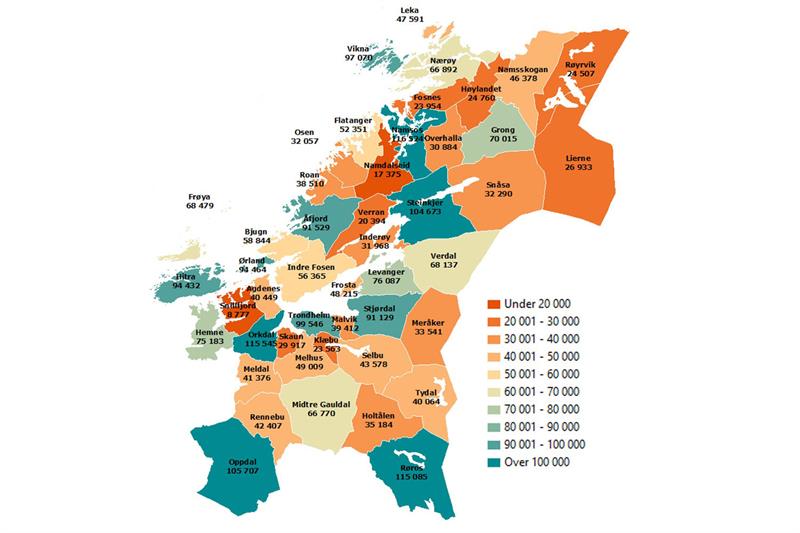 Omsetning i detaljhandelen per innbygger (kroner) 2017 (Illustrasjon: Trøndelag fylkeskommune).