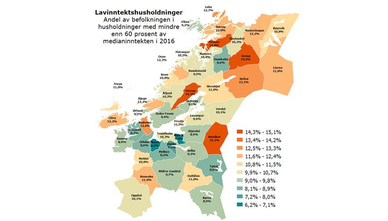 Kommunevis oversikt over lavinntektshusholdninger (Illustrasjon: Trøndelag fylkeskommune)