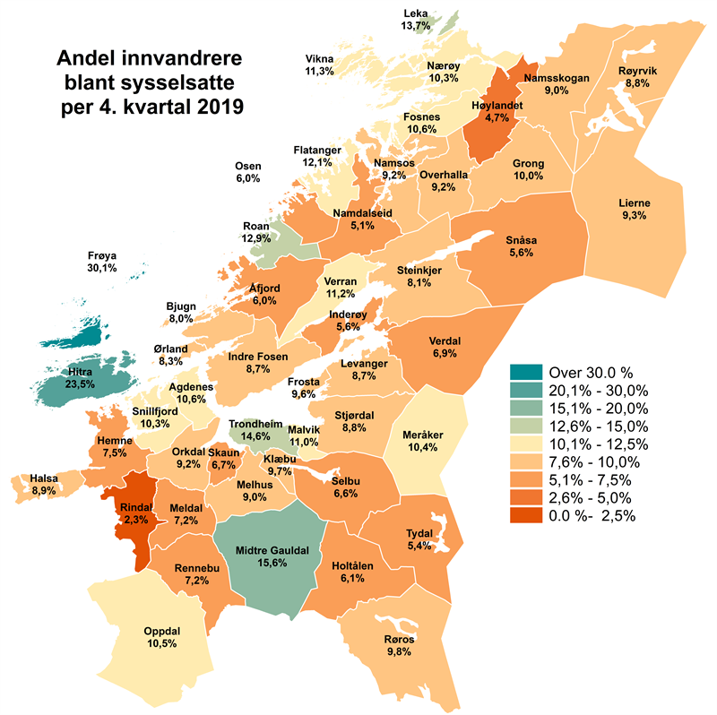 Andel innvandrere blant sysselsatte per 4. kvartal 2019