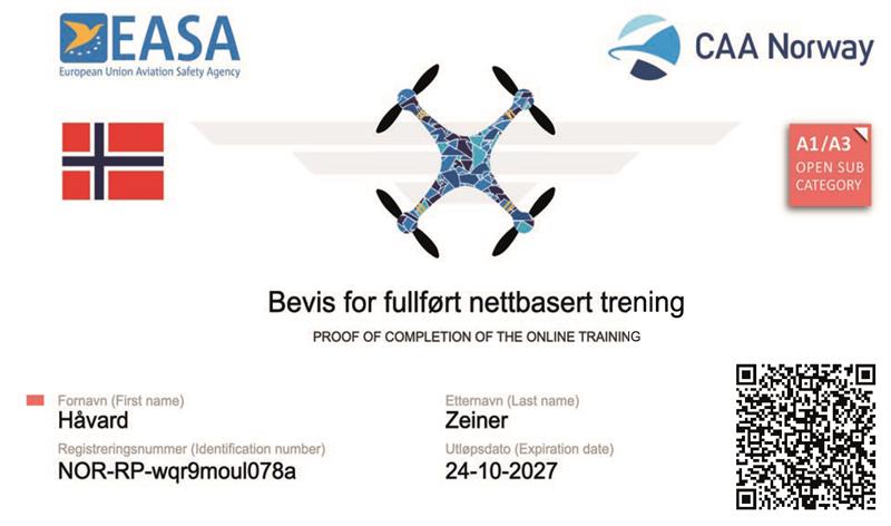 Sertifikat for droneflyging. Bevis med QR-kode