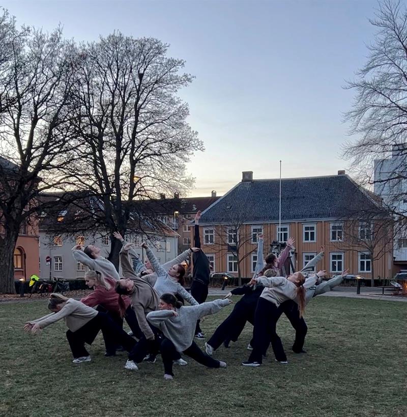 Klassen VG3 dans ved Cissi Klein videregående skole danser i parken på Museumsplass. 