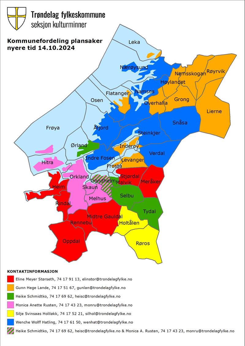 Kartet viser kommunene i Trøndelag og hvilke saksbehandlere som har ansvar for hvilke kommuner