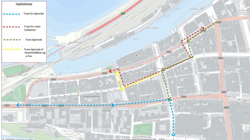 Kart med oversikt over omkjøringsmuligheter. Kartgrafikk