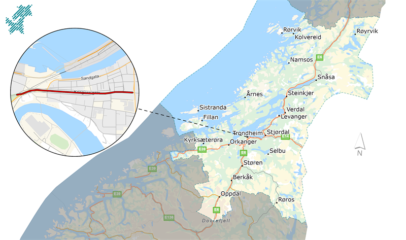 Bildet viser et kart over Trøndelag med plasseringen av gateprosjektet Kongens gate. Fra denne plasseringen går det en stiplet linje til et forstørret, rundt kartutsnitt i øvre venstre hjørne, hvor prosjektet vises i detalj.