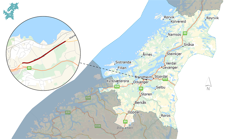 Bildet viser et kart over Trøndelag med plasseringen av gang- og sykkelvegprosjekt Reppe - Være i Trondheim. Fra denne plasseringen går det en stiplet linje til et forstørret, rundt kartutsnitt i øvre venstre hjørne, hvor prosjektet vises i detalj.