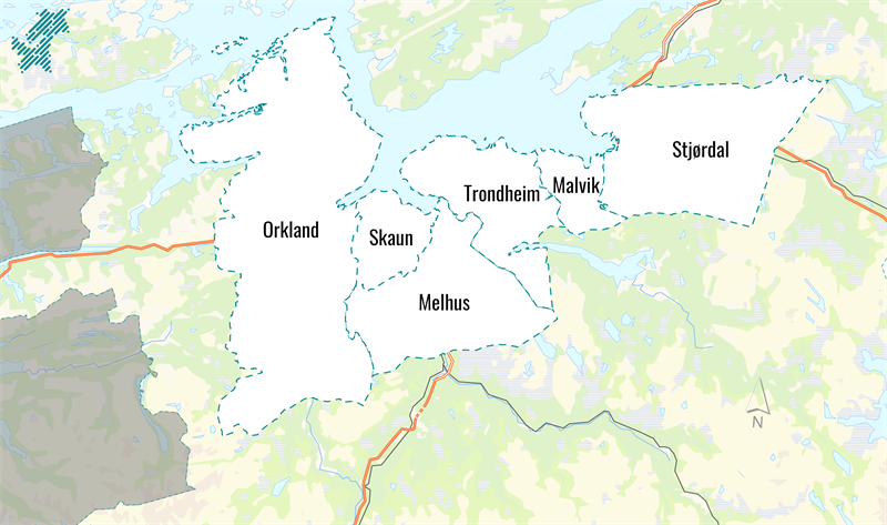 Bildet viser et kart over kommunene i Miljøpakken: Trondheim, Stjørdal, Malvik, Melhus, Orkland og Skaun. Kommunenes arealer er farget hvite med svart tekst.