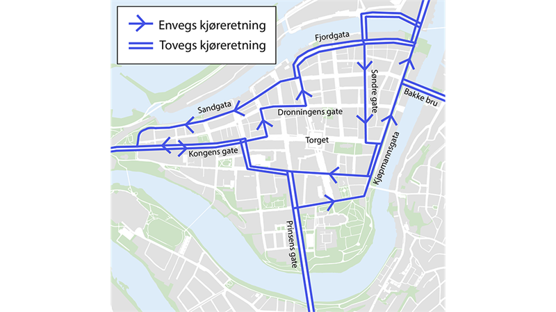 Kart som viser hvor en kan kjøre etter stenging av Prinsenkrysset for personbiltrafikk. Kartgrafikk