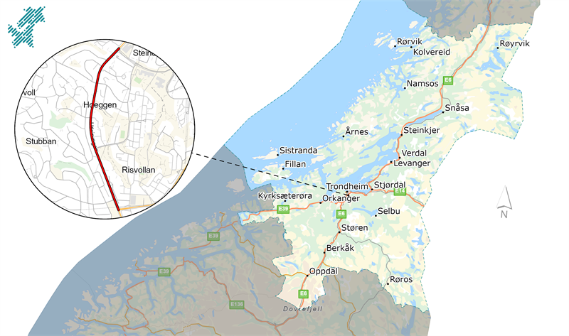 Bildet viser et kart over Trøndelag med plasseringen av støytiltaket Utleirvegen vest. Fra denne plasseringen går det en stiplet linje til et forstørret, rundt kartutsnitt i øvre venstre hjørne, hvor prosjektet vises i detalj.